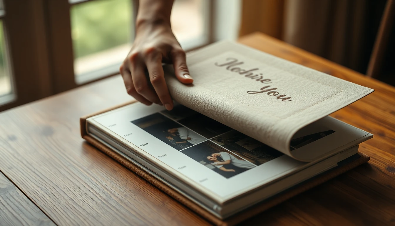 Persona abriendo un álbum de fotos sobre una mesa de madera